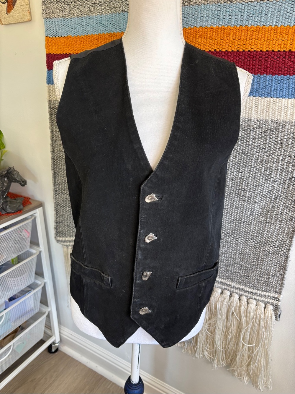 Vintage Black Western Suede Button Front Vest